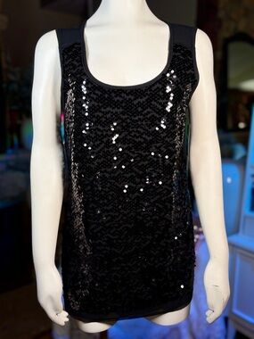 Elie Tahari Black “Nora” Sequin Sleeveless Blouse Top, Sz S